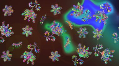 Raster kahverengi, yeşil ve mavi kar tanelerinden izole edilmiş. Güzel bir kış süsü. Renkli kar taneleri Raster illüstrasyonu.