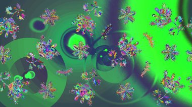 Raster skeci. Kar Tanesi Mozaik ikonu. Grafiksel element dekorasyonu. Siluet kar tanesi işareti izole edilmiş yeşil, mavi ve mor renkler. Düz dizayn. Sembol kışı, donmuş, Noel, yeni yıl tatili.