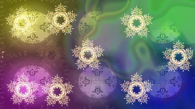 Sihirli yeşil, nötr ve mavi tatil soyut arka plan yıldız ve düşen kar taneleri. Noel yeşili, nötr ve hüzünlü. Raster illüstrasyonu.