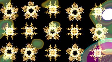 Siyah, sarı ve kahverengi kar tanelerinin olduğu Noel kartı. Siyah, sarı ve kahverengi renkler. Kış kartı Mutlu Noeller, Yeni Yıl ve Mutlu Tatil Raster çizimleri. Kar taneleri arkaplanı.