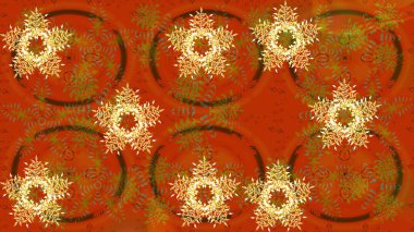 Turuncu, kahverengi ve sarı mandala şeklindeki kar taneleri sanat terapisi tarzı zen çizimler için. El çizimi, dövme stili, kumaş tasarımı ve Raster illüstrasyonunda kartlar..