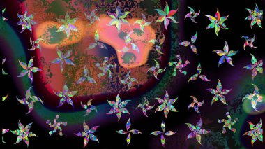 Parlak renkli çiçekli ve siyah yapraklı harika bir çiçek deseni. Moda baskıları için zarif bir şablon. Modern çiçek arkaplanı. Halk stili.