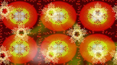 Turuncu, kırmızı ve kahverengi kar taneleri. Kar tanelerinin soyut arkaplanlı Noel şablonu. Raster illüstrasyonu. Noel ve Yeni Yıl moda baskıları için tatil tasarımı.