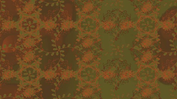 Beautiful watercolor pattern with flowers. Raster illustration. On brown and green colors.