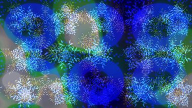 Yeni yıl kar tanesi. Düz kar karalama ikonları, yılbaşı afişi için kar taneleri silueti, kartlar. Mavi, gri ve yeşil renkler üzerine şirin soyut kar taneleri raster tasarımı.