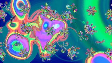 Düşen Noel stili kar taneleri. İllüzyon. Güzel, mavi, yeşil ve pembe kar taneleri renkli bir arka planda izole edilmiş. Kar taneleri, kar yağışı.