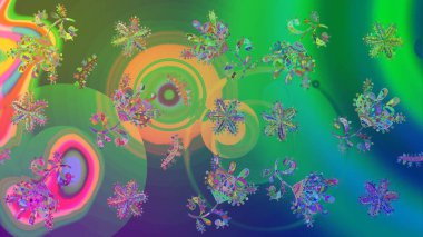 Raster illüstrasyonu. Sembol kışı, donmuş, Noel, yeni yıl tatili. Kar Tanesi Mozaik ikonu. Grafiksel element dekorasyonu. Düz dizayn. Yeşil, mavi ve menekşe rengi kar tanecikleri.