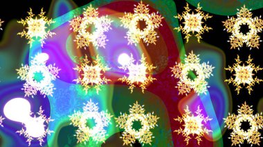 Renkler. Yeşil, mavi ve mor kar taneleri. Noel ve yeni yıl moda baskıları için tatil tasarımı. Kar tanelerinin soyut arkaplanlı Noel şablonu. Raster illüstrasyonu.