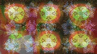 Kahverengi, yeşil ve nötr renkler. Noel ve yeni yıl moda baskıları için tatil tasarımı. Kar tanelerinin soyut arkaplanlı Noel şablonu. Raster illüstrasyonu.