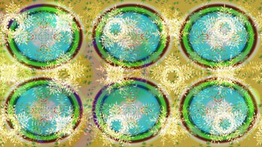 Çevre yeşili, sarı ve nötr mandala şeklindeki kar taneleri sanat terapisi tarzı zen çizim için. El çizimi, dövme stili, kumaş tasarımı ve Raster illüstrasyonunda kartlar..