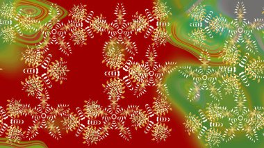 Kar tanelerinin soyut arkaplanlı Noel şablonu. Noel ve yeni yıl moda baskıları için tatil tasarımı. Kırmızı, yeşil ve kahverengi renkler. Raster illüstrasyonu.