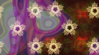 Kar taneleri radyal kahverengi renkler verir. Renkli arka planda güzel kar taneleri. Raster illüstrasyonu..