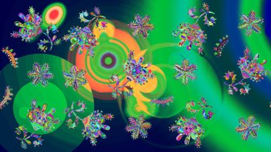 Sihirli yeşil, mavi ve turuncu tatil soyut arka plan yıldız ve düşen kar taneleri. Noel yeşili, mavi ve portakallar. Raster illüstrasyonu.