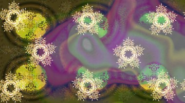 Modern soyut tasarım posteri, kapak, yeşil, mor ve nötr renkli kart tasarımı. Kar taneleri tasarımı. Son moda kar taneleri ve elementler onun kartlarını gösteriyor. Retro biçim dokusu, kış elementleri.