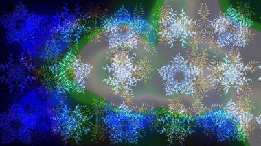 Noel ve yeni yıl moda baskıları için tatil tasarımı. Kar tanelerinin soyut arkaplanlı Noel şablonu. Raster illüstrasyonu. Mavi, gri ve nötr renkler.