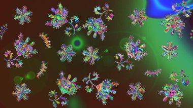 El çizimi, dövme stili karalama, kumaş tasarımı ve Raster illüstrasyonunda kartlar. Yeşil, kahverengi ve mor mandala şeklindeki kar taneleri, sanat terapisi tarzı zen çizim için..