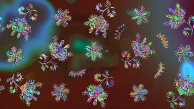 Kar Tanesi Mozaik ikonu. Siluet kar tanesi işareti izole edilmiş kahverengi, mavi ve mor renkler. Düz dizayn. Sembol kışı, donmuş, Noel, yeni yıl tatili. Grafiksel element dekorasyonu. Raster çizimi..