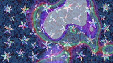 Raster illüstrasyonu. Mavi, mor ve gri renkli kar taneleri. Raster Noel soyut renkli arkaplan ve tatlı kar tanesi.