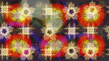 Kar tanelerinin soyut arkaplanı olan şirin bir Noel arkaplanı. Gri, kahverengi ve kırmızı kar taneleri. Raster illüstrasyonu. Renkler. Noel ve Yeni Yıl moda baskıları için tatil tasarımı.