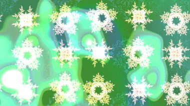 Kar taneleri radyal yeşil, mavi ve nötr renkler. Renkli arka planda güzel kar taneleri. Raster illüstrasyonu..