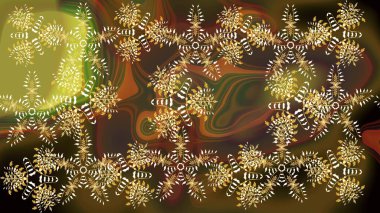 Kar tanelerinin soyut arkaplanlı Noel şablonu. Kahverengi, sarı ve yeşil renkler. Raster illüstrasyonu. Noel ve Yeni Yıl moda baskıları için tatil tasarımı.