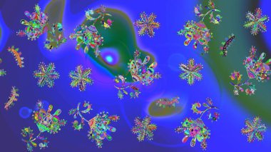 Düz kar karalama ikonları, kar taneleri mavi, mor ve yeşil renkli siluetler noel afişi, kartlar. Yeni yıl kar tanesi. Güzel soyut kar tanesi raster tasarımı..