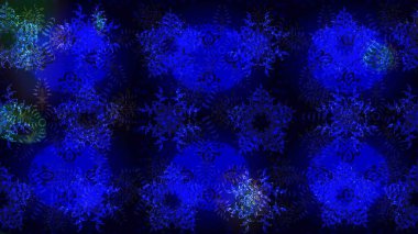 Kar tanelerinin soyut arkaplanlı Noel şablonu. Mavi ve siyah kar taneleri. Raster illüstrasyonu. Noel ve Yeni Yıl moda baskıları için tatil tasarımı.