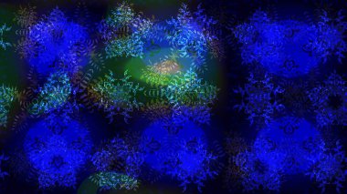 Kar tanelerinin soyut arkaplanlı Noel şablonu. Raster illüstrasyonu. Mavi ve siyah renkler. Noel ve Yeni Yıl moda baskıları için tatil tasarımı.