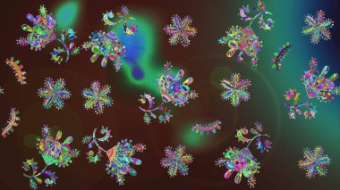 Sihirli kahverengi, yeşil ve mor tatil soyut arka plan yıldız ve düşen kar taneleri. Noel kahverengisi, yeşil ve mor. Raster illüstrasyonu.