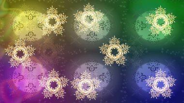 Kar tanelerinin soyut arkaplanlı Noel şablonu. Yeşil, nötr ve mavi kar taneleri. Raster illüstrasyonu. Noel ve Yeni Yıl moda baskıları için tatil tasarımı.