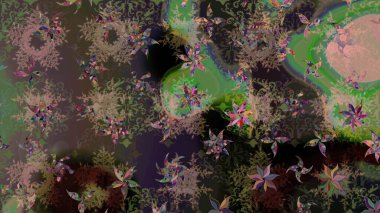 Dallı bahar çiçekleri ile desen, kahverengi ve çiçek silueti ile yeşil renkler. Raster deseni.