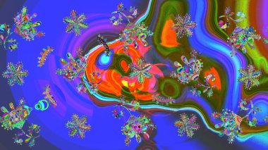 Mavi, mor ve yeşil renkli kar tanesi süsü. Kar tanesi süsü Raster illüstrasyonu. Güzel süs eşyası. Kar taneleri izole edildi.