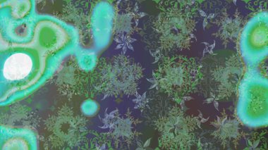 Raster suluboya çiçek deseni, narin çiçekler, yeşil ve mavi çiçekler, tebrik kartı şablonu. Güzel kumaş deseni.