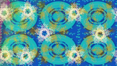 Kar tanelerinin soyut arkaplanı olan şirin bir Noel arkaplanı. Raster illüstrasyonu. Noel ve yeni yıl moda baskıları için tatil tasarımı. Mavi, yeşil ve nötr kar taneleri. Renkler.