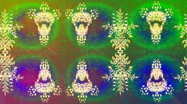 Kar tanelerinin soyut arkaplanlı Noel şablonu. Raster illüstrasyonu. Yeşil renkler. Noel ve Yeni Yıl moda baskıları için tatil tasarımı.