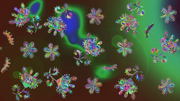 Güzel bir kış süsü. Raster yeşili ve kahverengi kar tanesinden izole edilmiş. Renkli kar taneleri Raster illüstrasyonu.