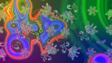 Kar taneleri arka planda. Kış kartı Mutlu Noeller, Yeni Yıl ve Mutlu Tatil Raster çizimleri. Yeşil ve mavi renkli yeşil ve mavi kar taneleri olan Noel kartı.