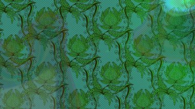 Düz Çiçek Elementleri Tasarımı. Raster illüstrasyonu. Yeşil ve mavi renkte çiçekler. Asya tekstil tarzında. Çiçek desenli çizim. Renkli Bahar Teması çizim şablonu.