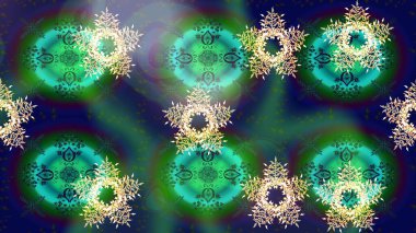 Kar taneleri radyal yeşil renkler verir. Renkli arka planda güzel kar taneleri. Raster illüstrasyonu..