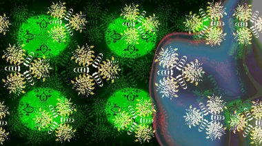 Raster illüstrasyonu. Noel stili. Yeşil ve mavi renkte kar taneleri.