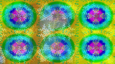 Kar tanelerinin soyut arkaplanlı Noel şablonu. Yeşil ve mavi kar taneleri. Raster illüstrasyonu. Noel ve Yeni Yıl moda baskıları için tatil tasarımı.