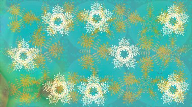 Raster illüstrasyonu. El çizimi çiçekli, soyut, pürüzsüz desen. Çiçekler mavi, yeşil ve nötr renklerde.