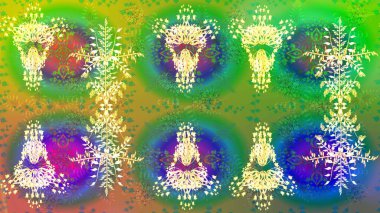 Yeşil ve sarı renklerde suluboya kar taneleri. Kışın sembolü. Güzel dekorasyon. İllüstrasyon kar tanesi.