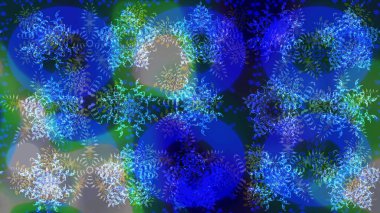 Bokeh mavisi, yeşil, griler ve kar taneleriyle dekoratif Noel arkaplanı. Raster illüstrasyonu.