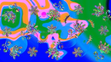 Kar tanelerinin soyut arkaplanı olan şirin bir Noel arkaplanı. Renkler. Noel ve yeni yıl moda baskıları için tatil tasarımı. Mavi ve yeşil kar taneleri. Raster illüstrasyonu.