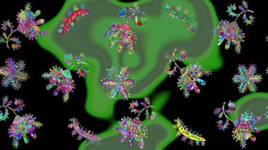 Kar taneli, yeşil, siyah ve mavi renkler. Raster Noel soyut renkli arka plan ve tatlı kar tanesi. Raster illüstrasyonu.