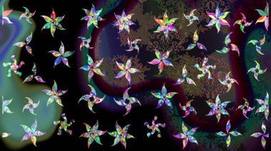 Noel siyahı, gri ve yeşiller. Sihirli siyah, gri ve yeşil tatil soyut arka plan yıldız ve düşen kar taneleri. Raster illüstrasyonu.