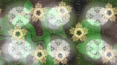 Düşen Noel stili kar taneleri. Renkli bir arka planda izole edilmiş güzel, yeşil ve gri kar taneleri. Kar taneleri, kar yağışı. Görüntü.