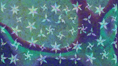 Bokeh mavisi, yeşiller ve kar taneleriyle dekoratif Noel arkaplanı. Raster illüstrasyonu.