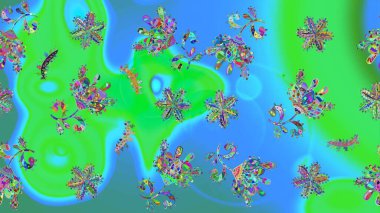 Raster illüstrasyonu. Yeni yıl tabelası. Noel tasarımı için. Yeşil ve mavi ikon silueti. Kar tanesi kışı yeşil ve mavi renklerde yalıtılmış. Kutlamanın sembolü.